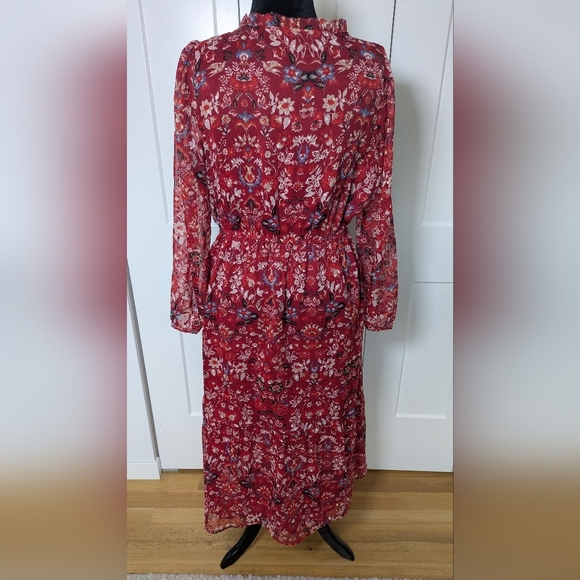 Loft Clip Floral Boho Red Chiffon Midi Dress, Size L, long Sleeves, V-neck - Picture 13 of 13